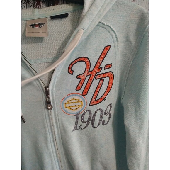 Harley-Davidson Rhinestone Hooded Jacket Blue Medium Motorcycle Y2K - Picture 4 of 15